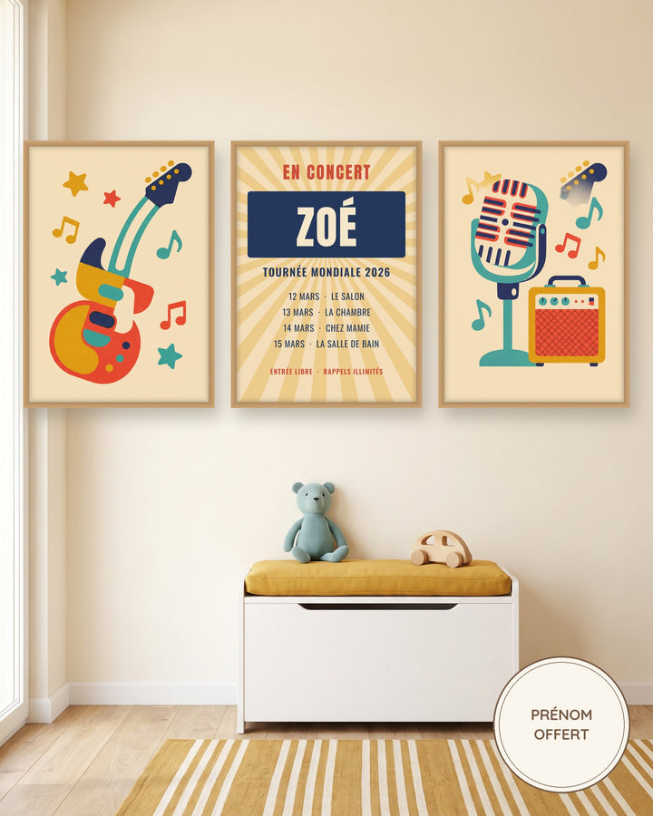 Affiche concert personnalisée, lot de 3 affiches musique rétro : les 3 affiches encadrées dans une chambre d’enfant, exemple personnalisé