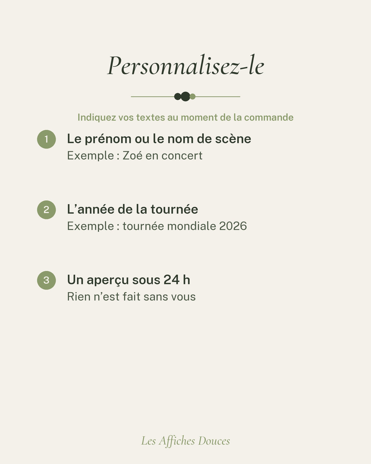 Ce que vous personnalisez : le prénom ou le nom de scène, et l’année de la tournée