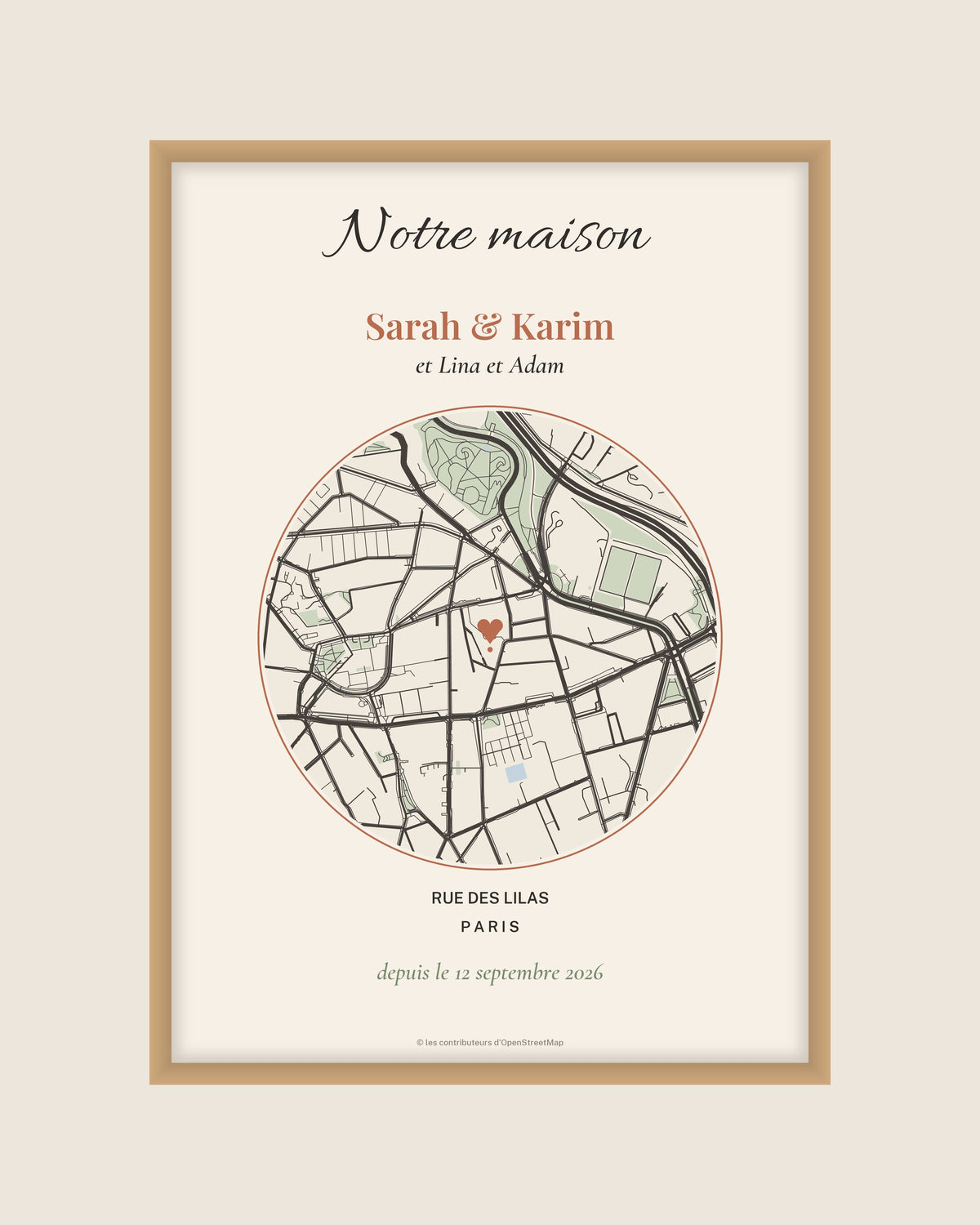 Affiche crémaillère carte du quartier personnalisée, Notre maison : l’affiche seule, exemple personnalisé
