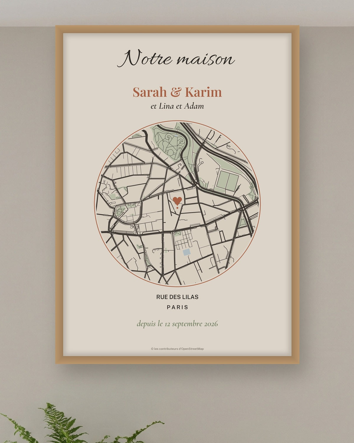 Affiche crémaillère carte du quartier personnalisée, Notre maison : gros plan sur l’affiche encadrée