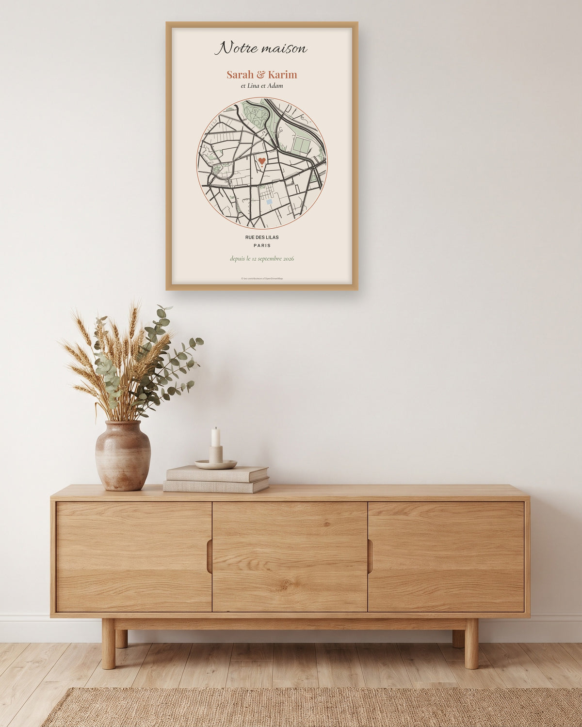 Affiche crémaillère carte du quartier personnalisée, Notre maison, autre exemple de mise en situation
