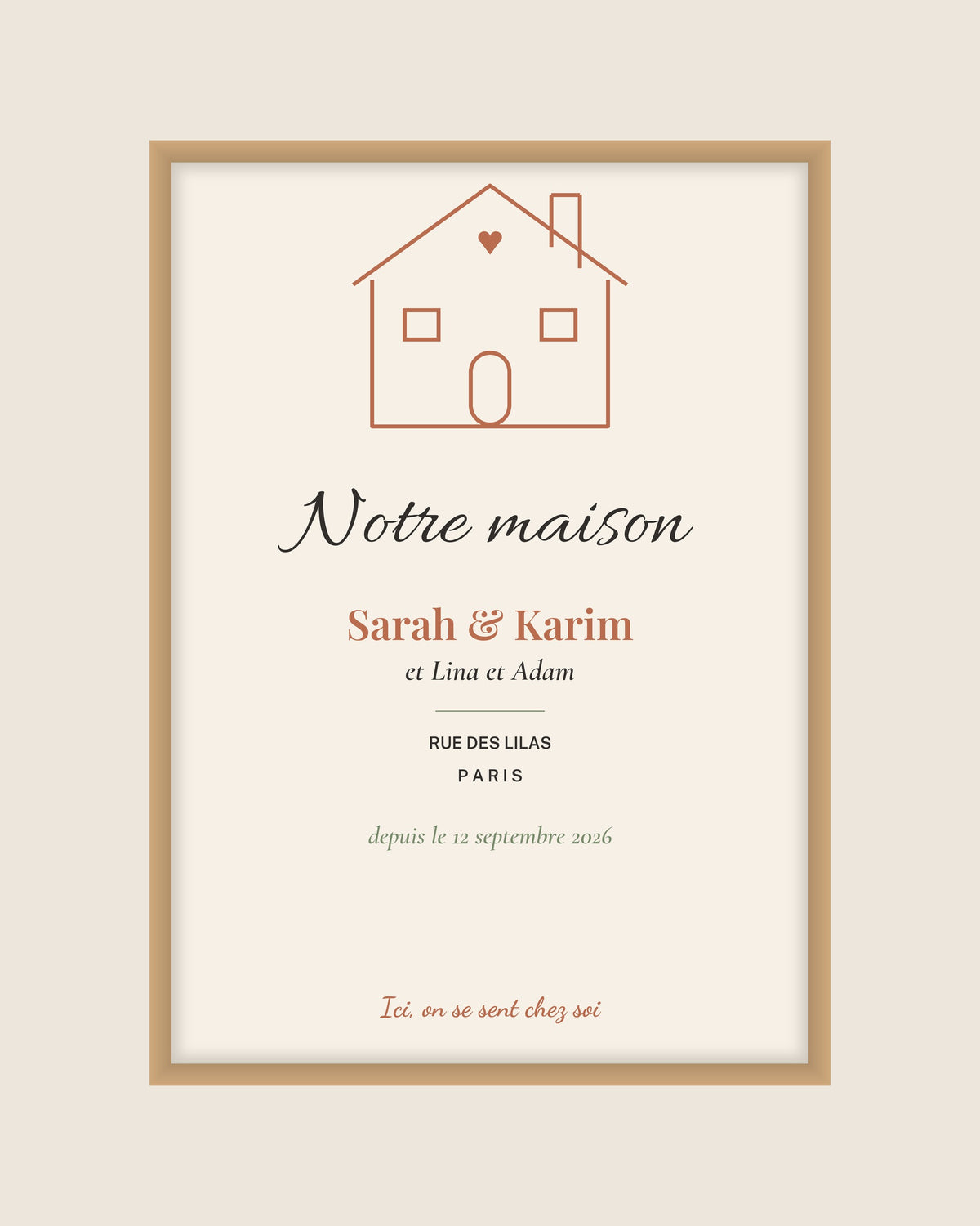 Affiche crémaillère Notre maison personnalisée, prénoms et adresse : l’affiche seule, exemple personnalisé