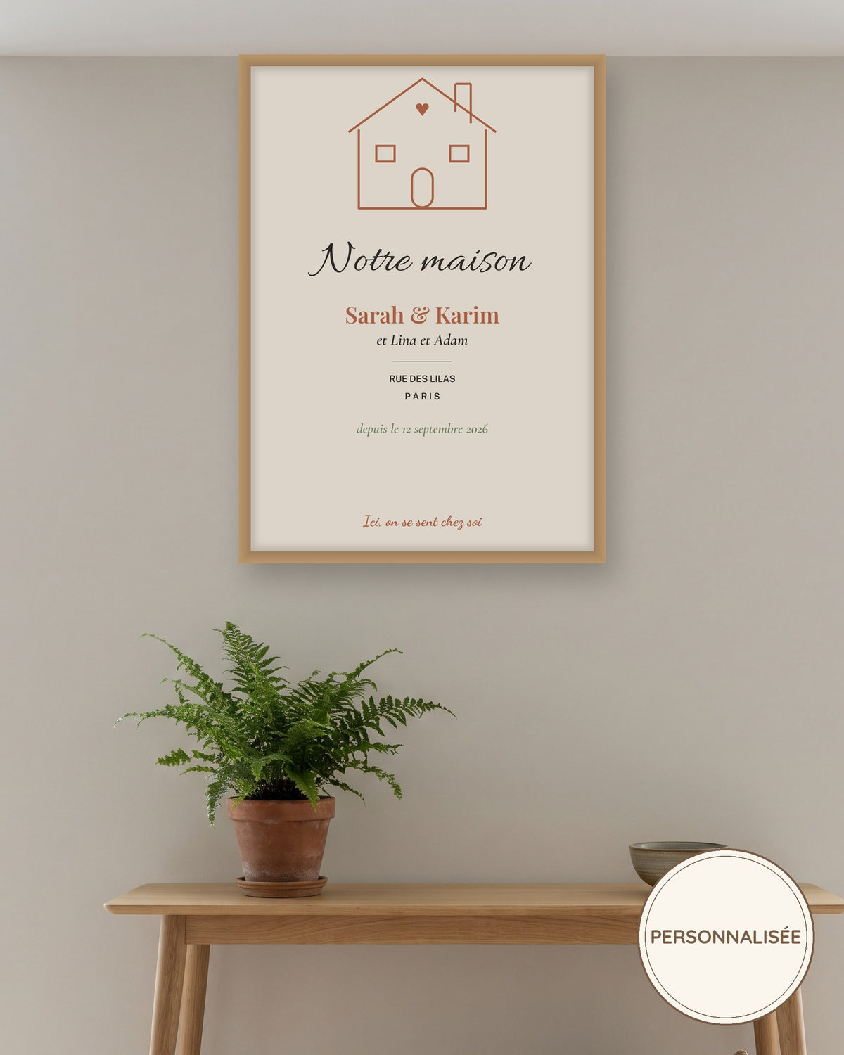 Affiche crémaillère Notre maison personnalisée, prénoms et adresse : l’affiche encadrée, exemple personnalisé