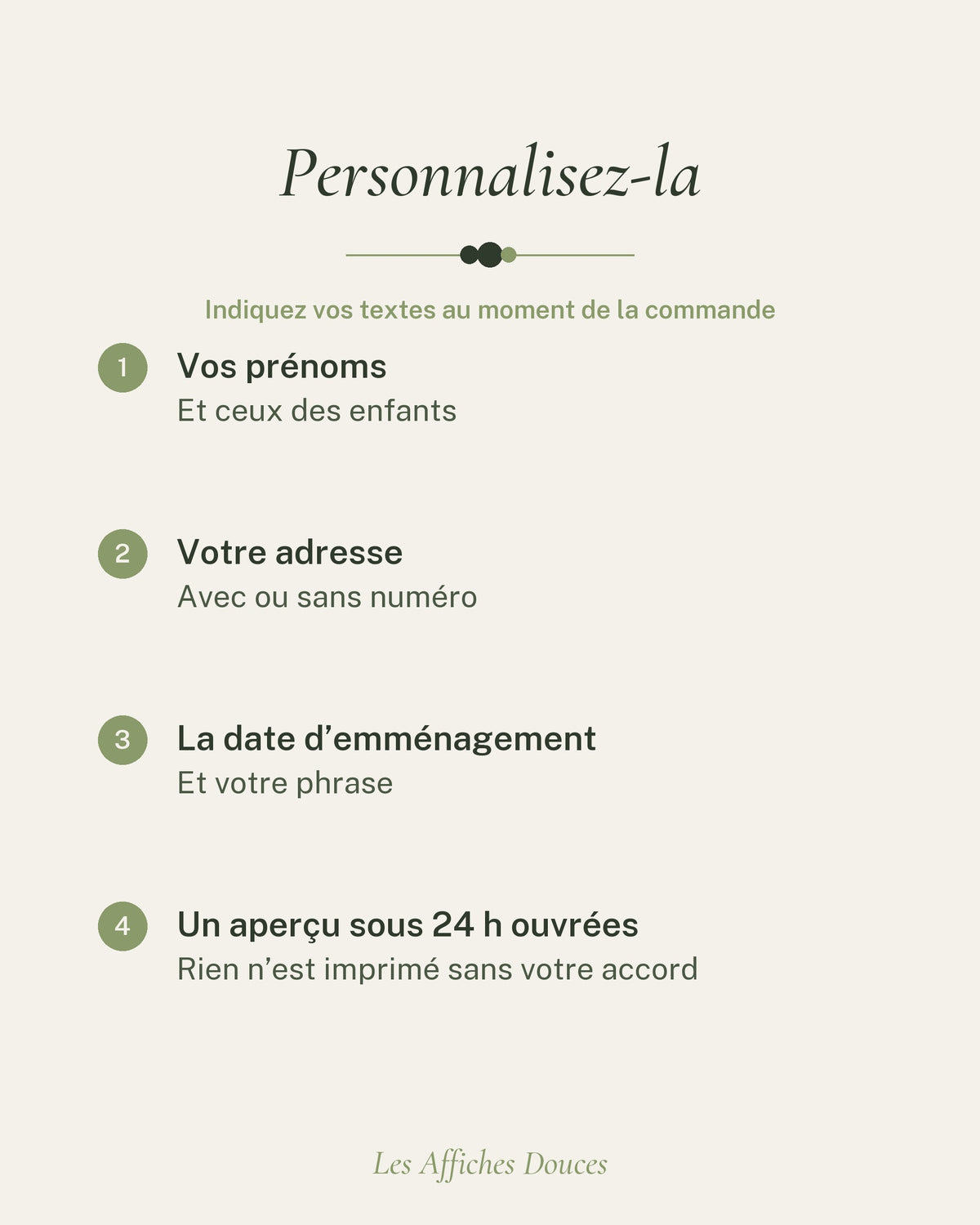 Ce que vous personnalisez : vos prénoms, ceux des enfants (facultatif), l’adresse, la ville et la date d’emménagement