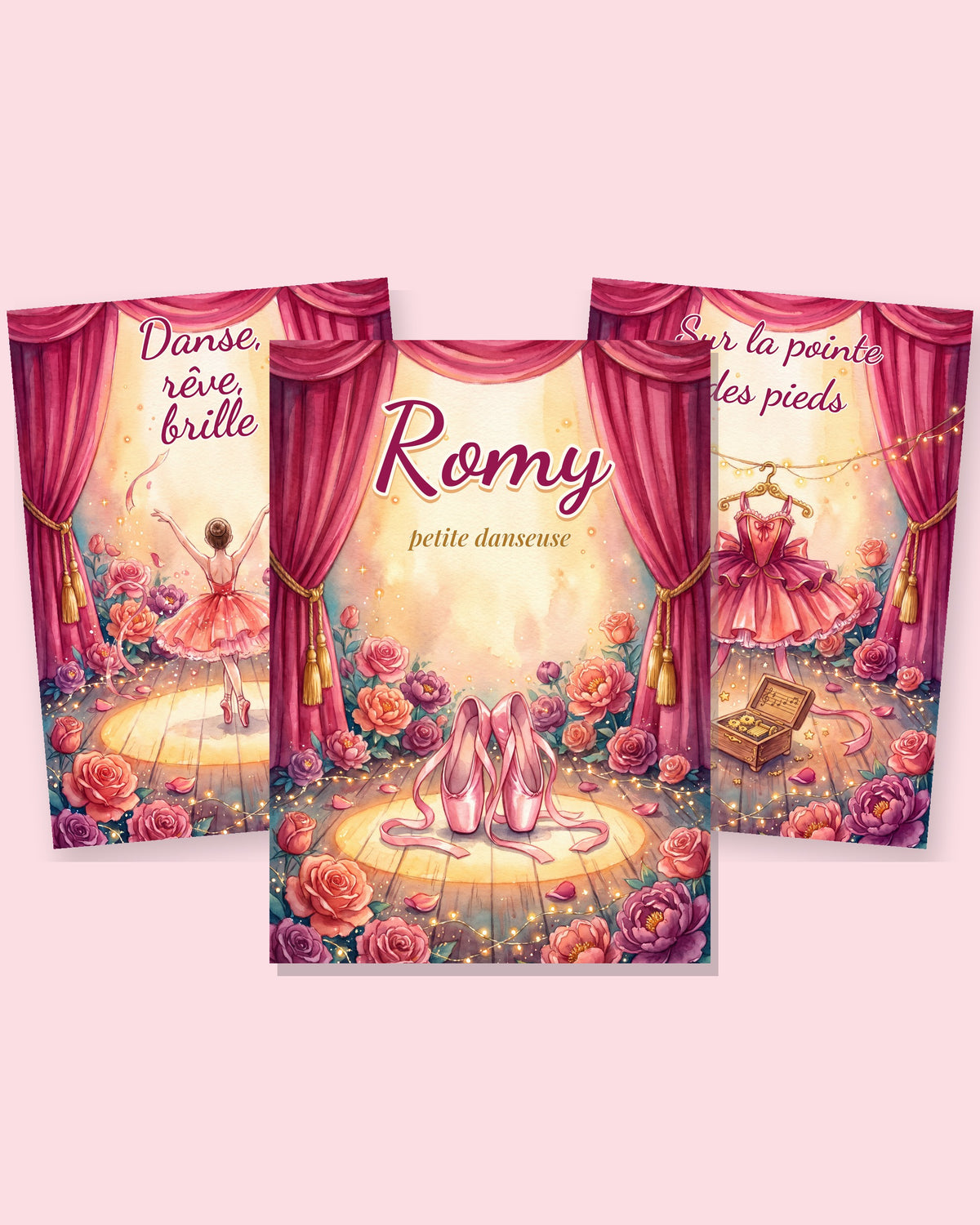 Affiche danseuse personnalisée scène de théâtre, prénom en grand : les 3 affiches assorties côte à côte