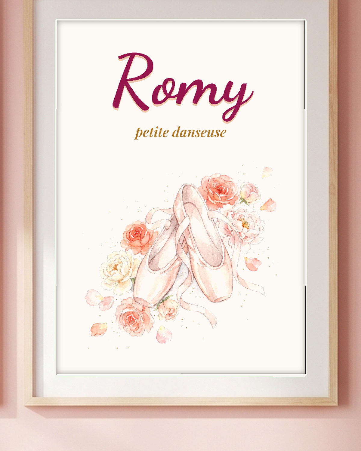 Affiche danseuse personnalisée scène de théâtre, prénom en grand : son prénom en très grand sur la scène, au-dessus des chaussons