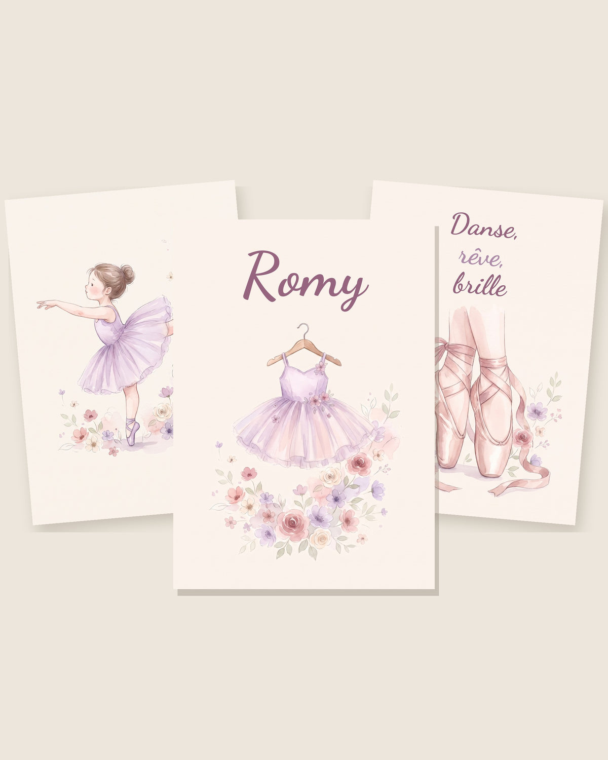 Affiche danseuse personnalisée, lot de 3 affiches tutu et prénom : les 3 affiches assorties côte à côte
