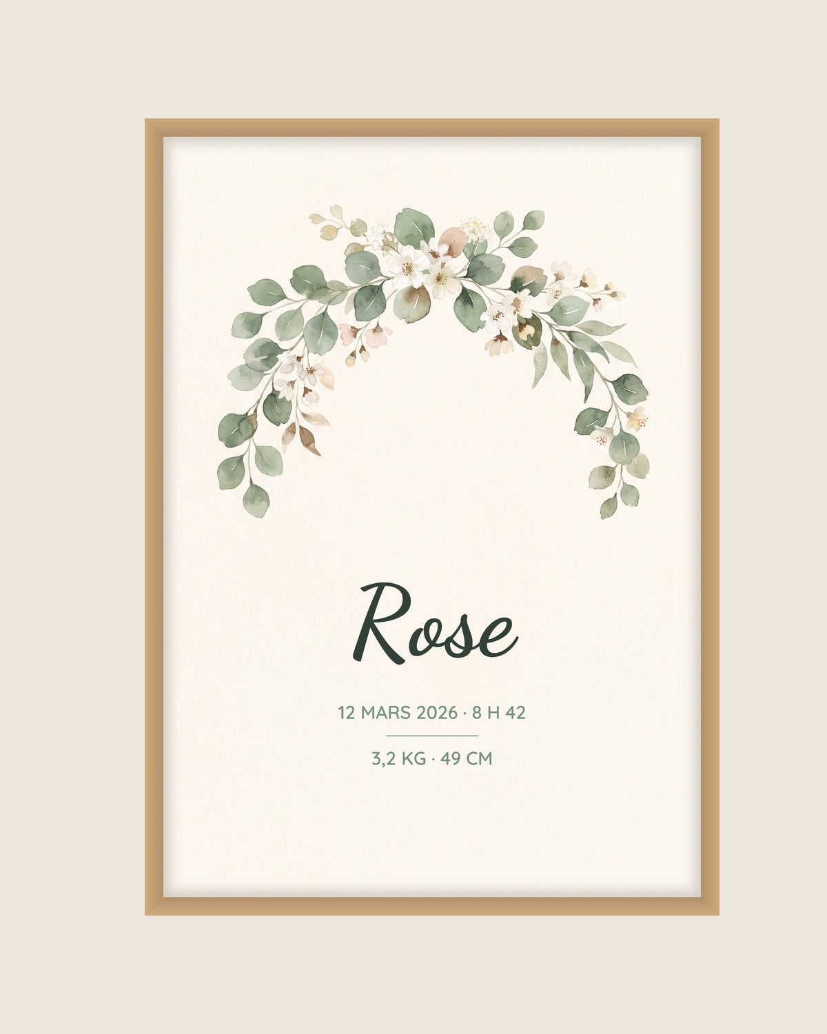Affiche de naissance personnalisée eucalyptus : l’affiche seule, exemple de personnalisation