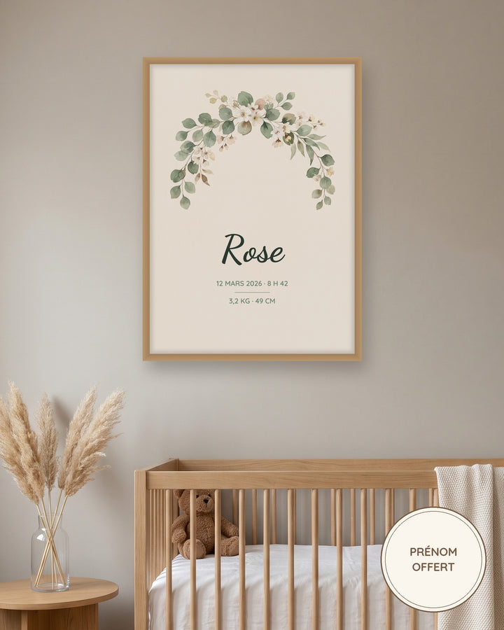Affiche de naissance personnalisée eucalyptus encadrée dans une chambre de bébé, exemple personnalisé
