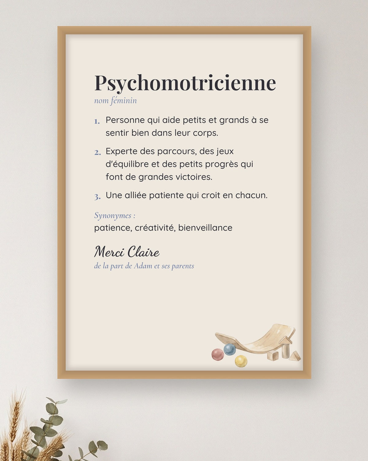 Affiche définition psychomotricienne ou psychomotricien personnalisée : gros plan sur l’affiche encadrée