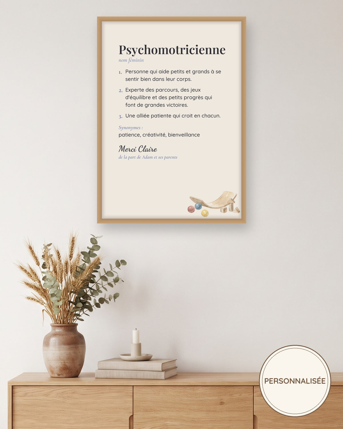 Affiche définition psychomotricienne ou psychomotricien personnalisée : l’affiche encadrée, exemple personnalisé
