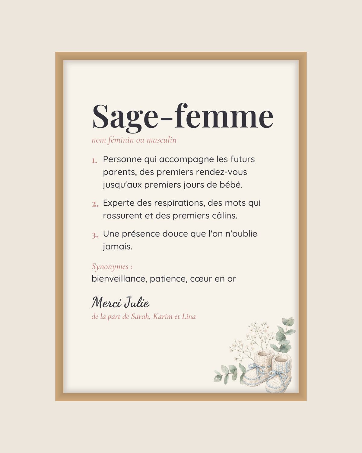 Affiche définition sage-femme personnalisée, cadeau avec prénom : l’affiche seule, exemple personnalisé