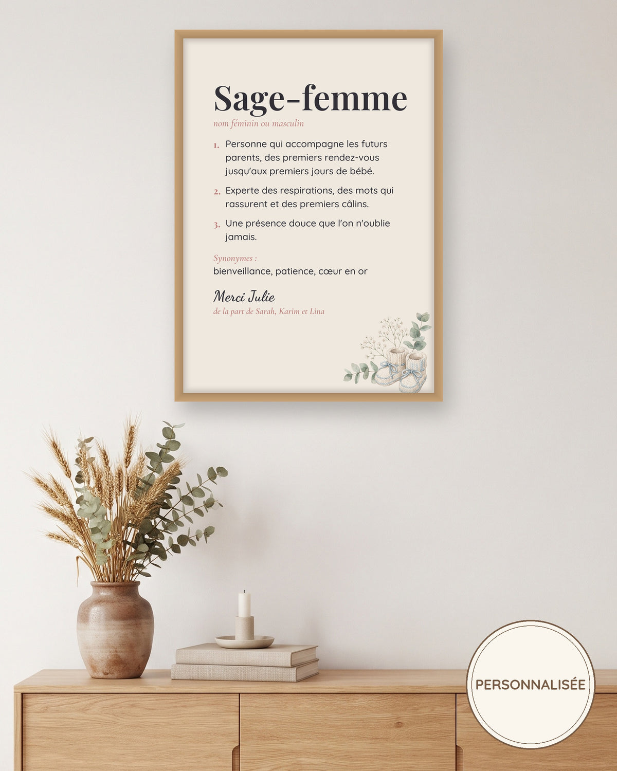 Affiche définition sage-femme personnalisée, cadeau avec prénom : l’affiche encadrée, exemple personnalisé