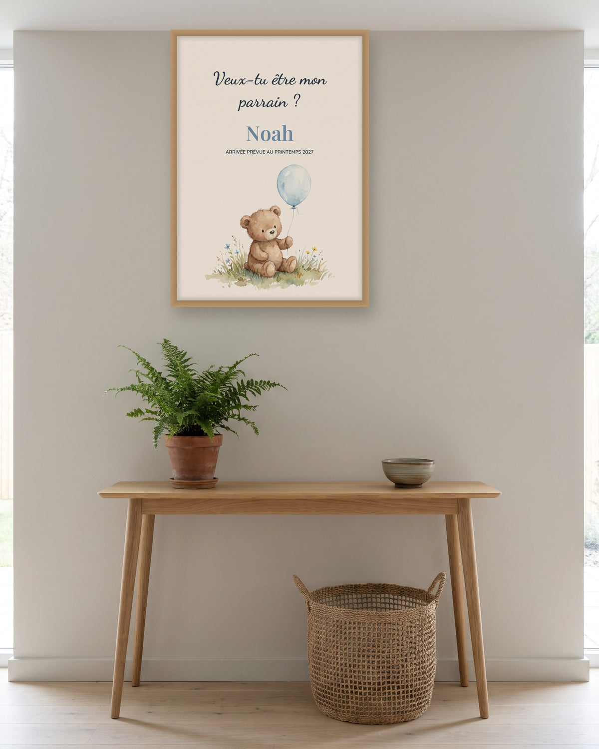 Affiche demande parrain : Veux-tu être mon parrain ? encadrée dans une entrée