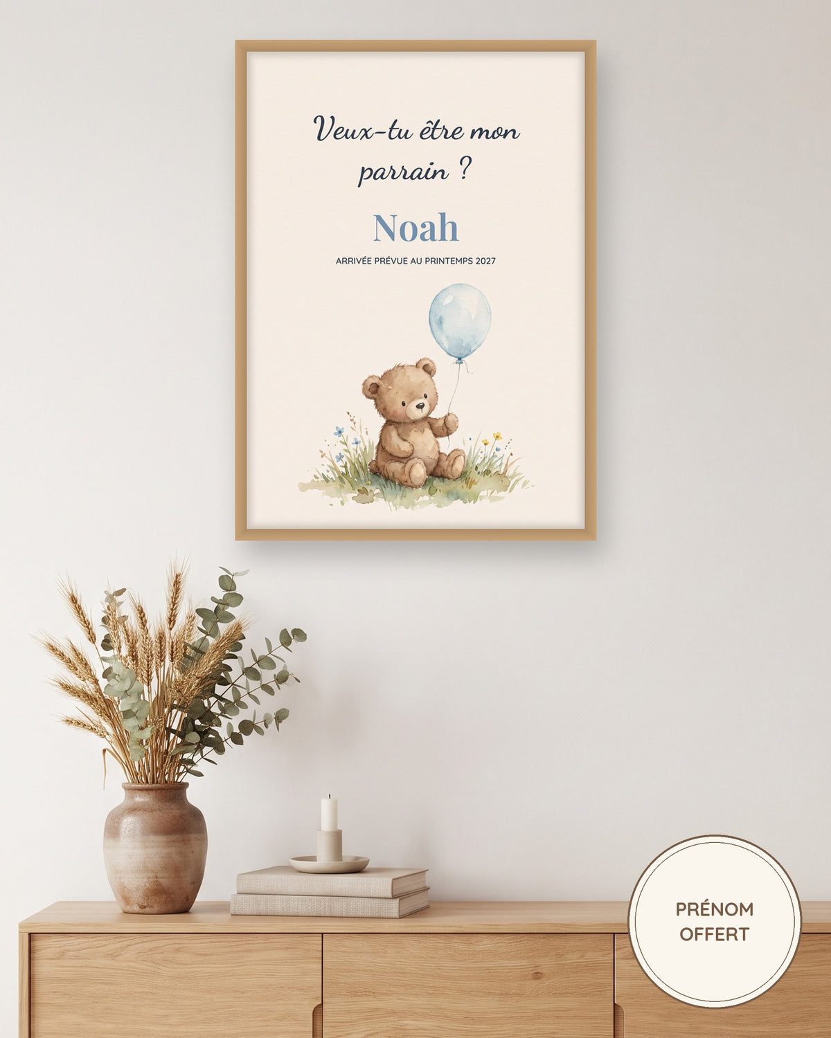 Affiche demande parrain : Veux-tu être mon parrain ? encadrée au mur du salon, exemple personnalisé