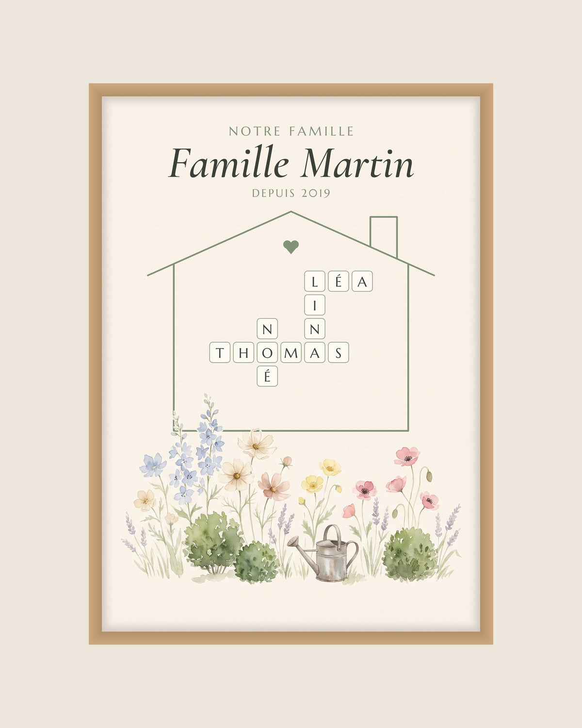 Affiche famille mots croisés personnalisée, prénoms dans une maison : l’affiche seule, exemple personnalisé