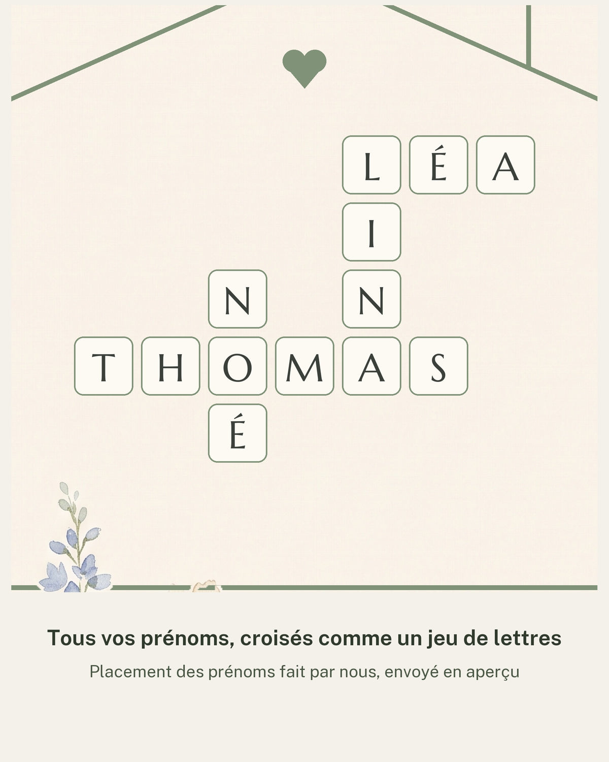 Affiche famille mots croisés personnalisée, prénoms dans une maison : détail de l’illustration et des prénoms, impression mate