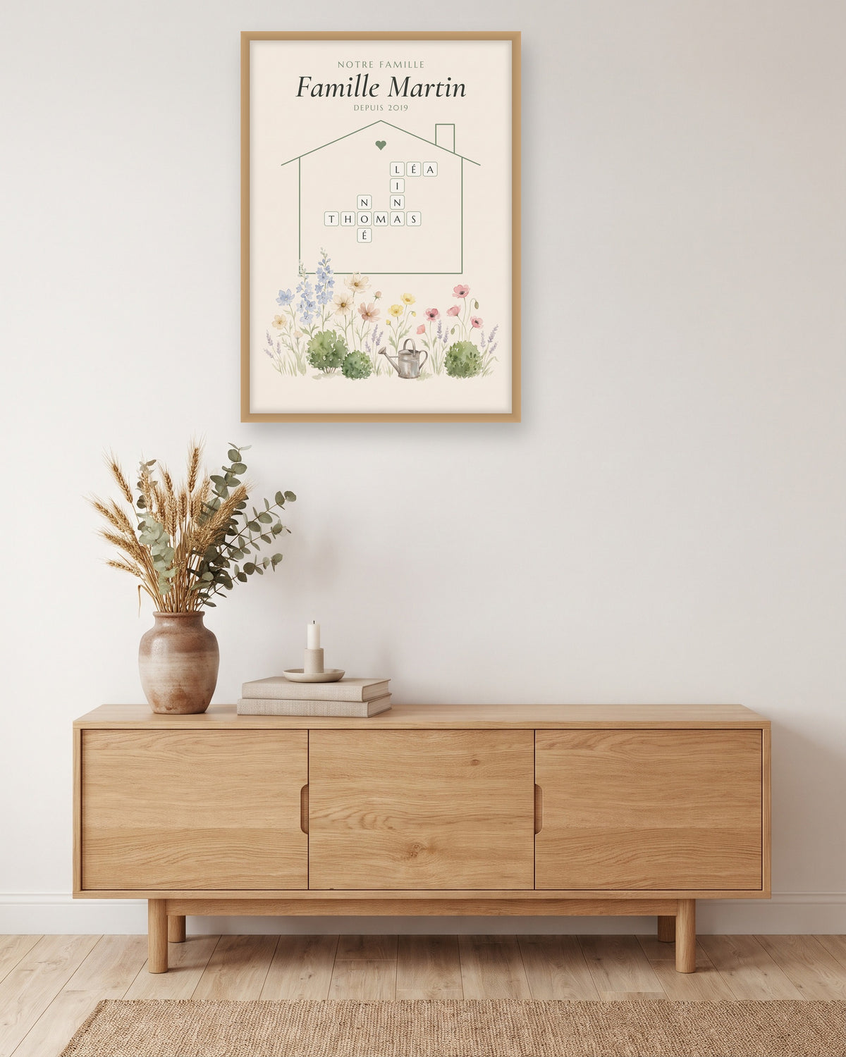 Affiche famille mots croisés personnalisée, prénoms dans une maison, autre exemple de mise en situation