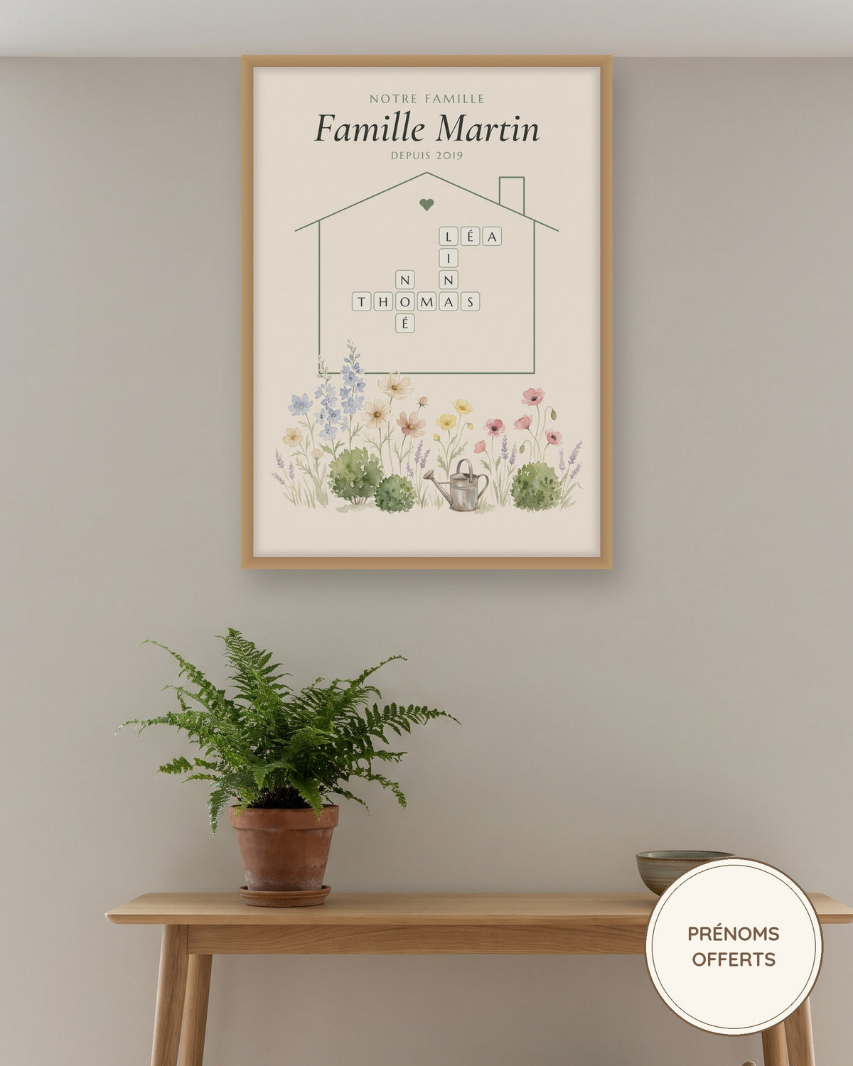 Affiche famille mots croisés personnalisée, prénoms dans une maison : l’affiche encadrée, exemple personnalisé