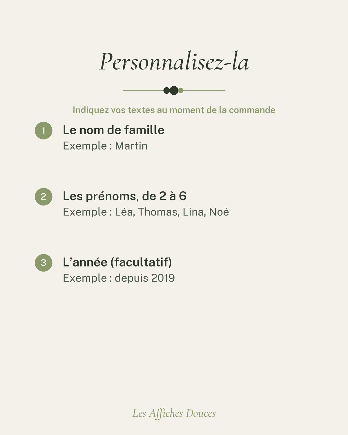Ce que vous personnalisez : votre nom de famille, de 2 à 6 prénoms et l’année (facultative)