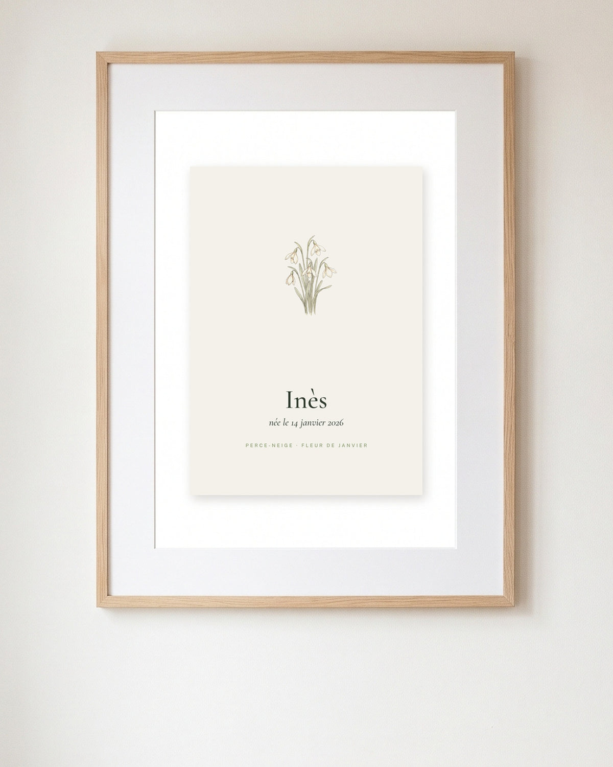 Affiche fleur de naissance et prénom encadrée dans une chambre de bébé, exemple personnalisé