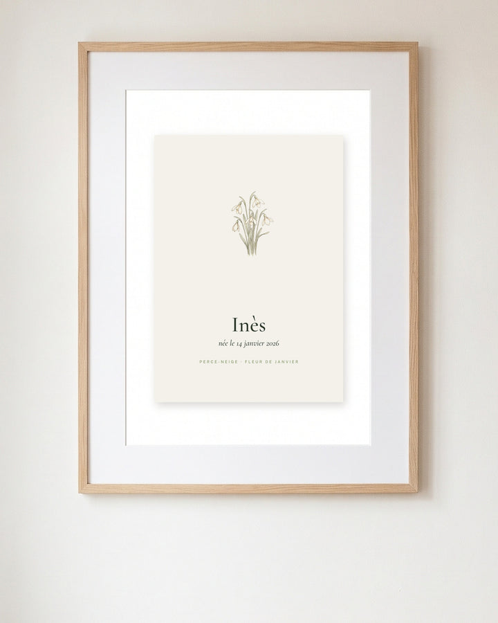 Affiche fleur de naissance et prénom encadrée dans une chambre de bébé, exemple personnalisé