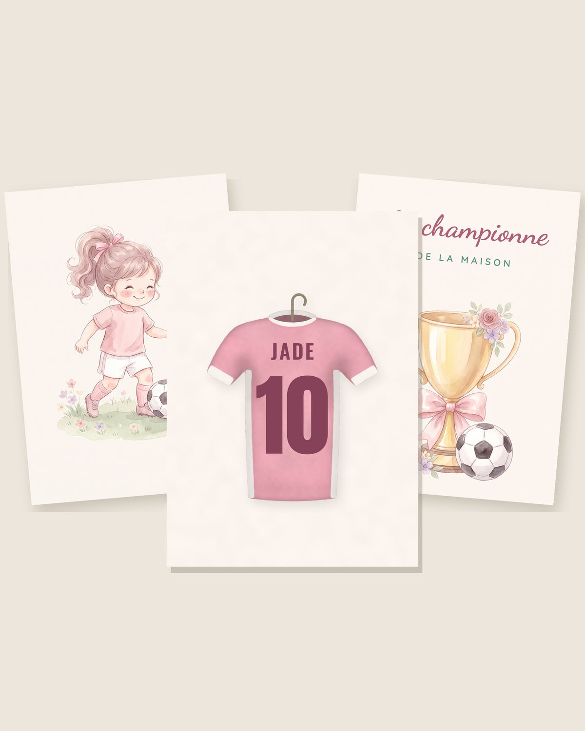 Affiche foot fille personnalisée, lot de 3 affiches La championne : les 3 affiches assorties côte à côte