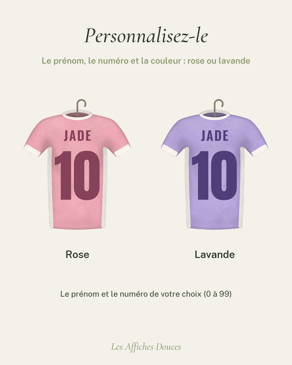 Ce que vous personnalisez : prénom, numéro, couleur du maillot rose ou lavande