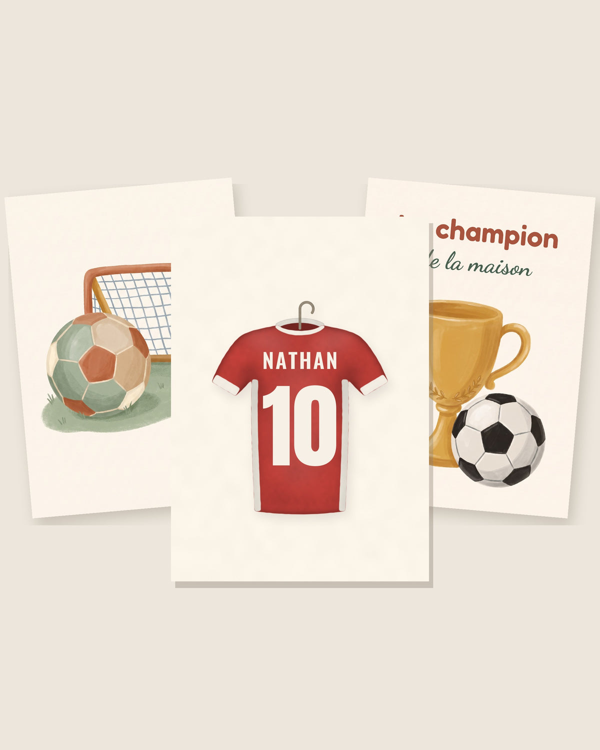 Affiche foot personnalisée maillot prénom et numéro : les 3 affiches assorties côte à côte