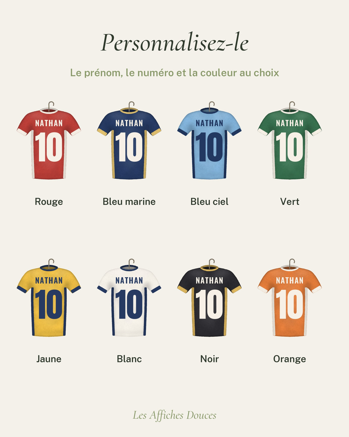 Ce que vous personnalisez : prénom, numéro, couleur du maillot
