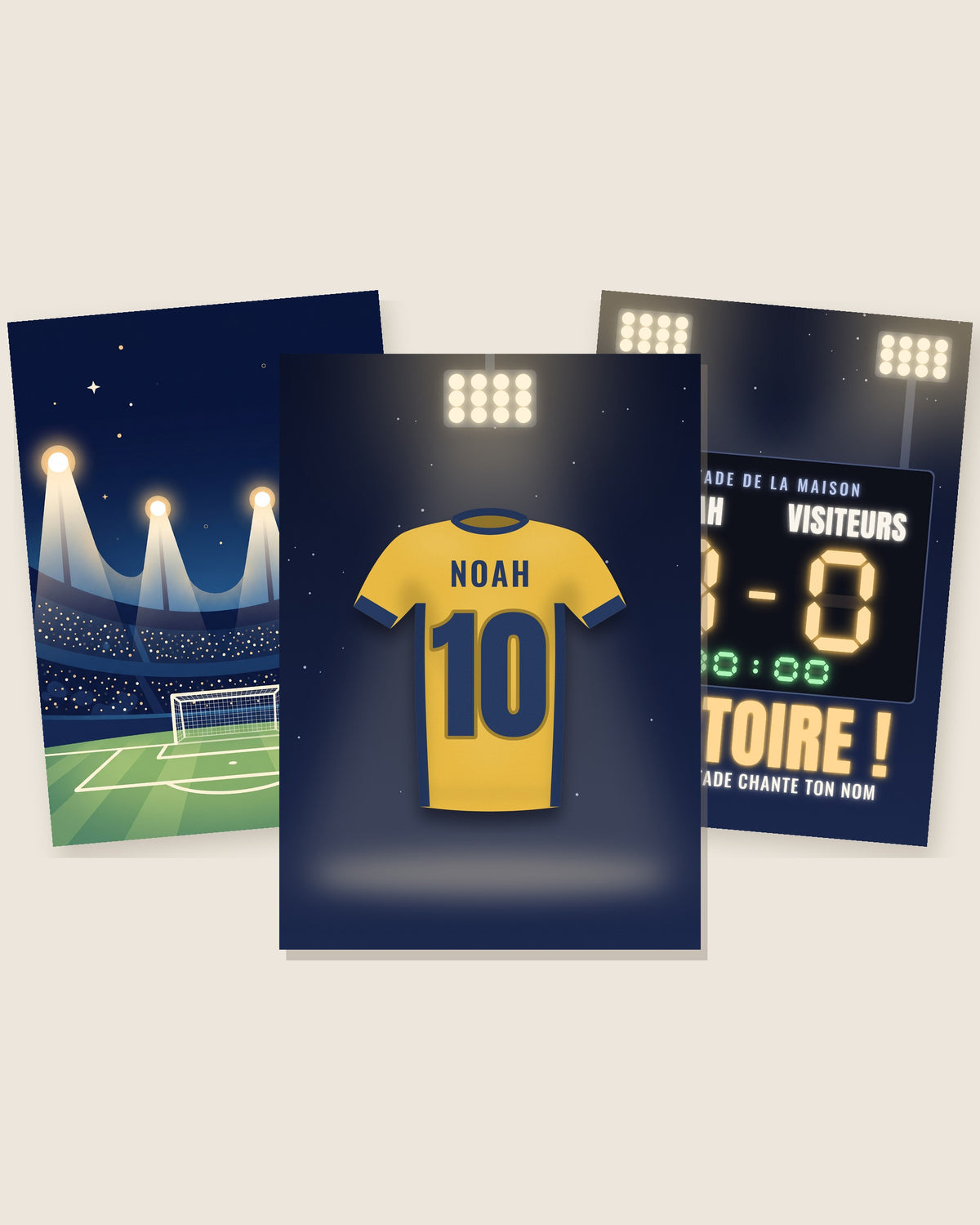 Affiche foot personnalisée stade de nuit, lot de 3 affiches : les 3 affiches assorties côte à côte