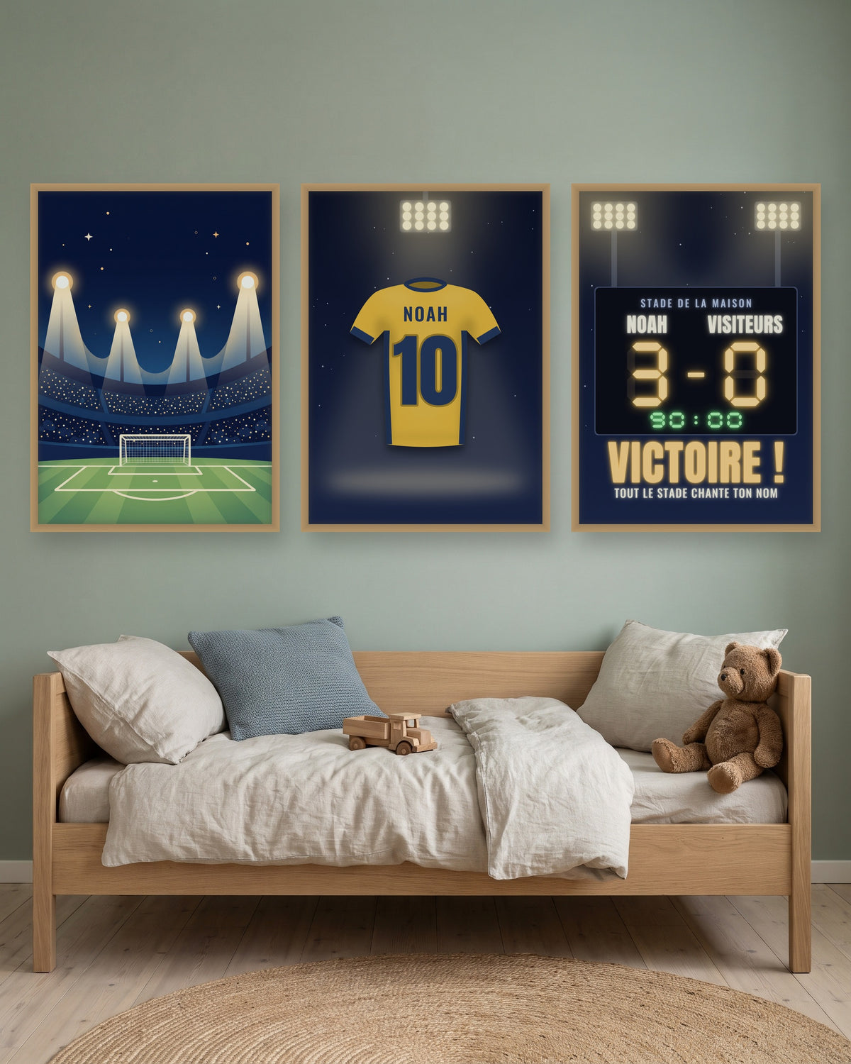 Affiche foot personnalisée stade de nuit, lot de 3 affiches, autre exemple de mise en situation