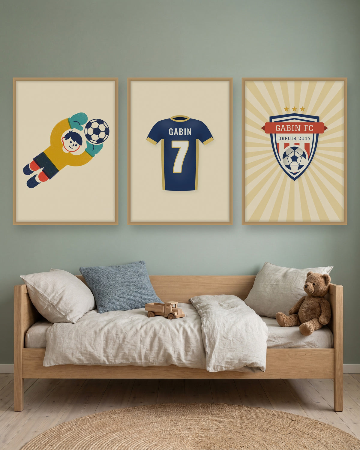 Affiche foot rétro personnalisée écusson et maillot, autre exemple de mise en situation
