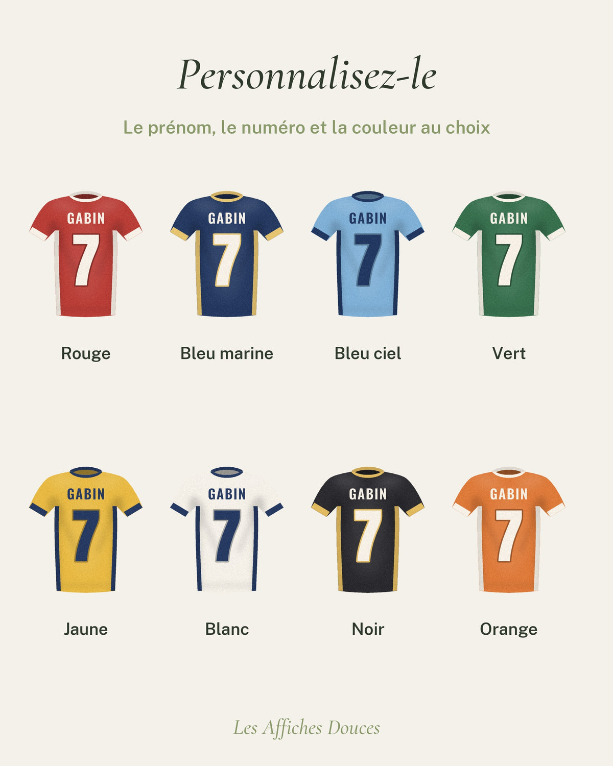 Ce que vous personnalisez : prénom, numéro, couleur du maillot