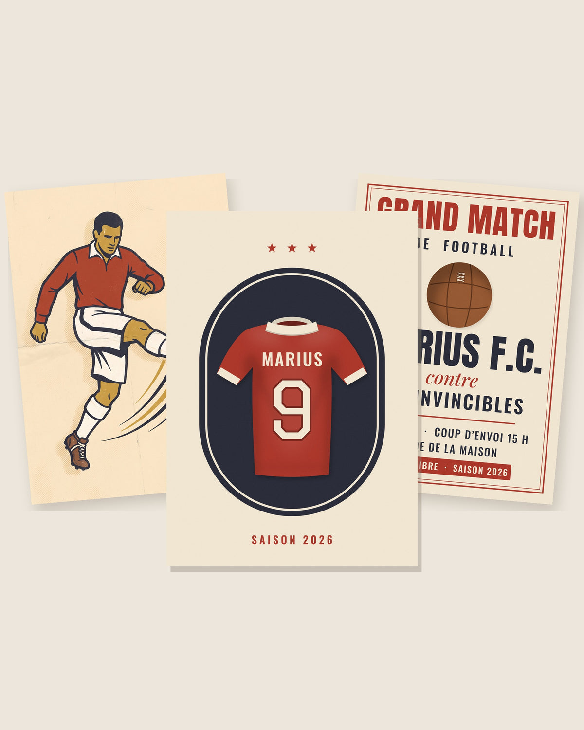 Affiche foot vintage personnalisée, lot de 3 affiches Grand match : les 3 affiches assorties côte à côte