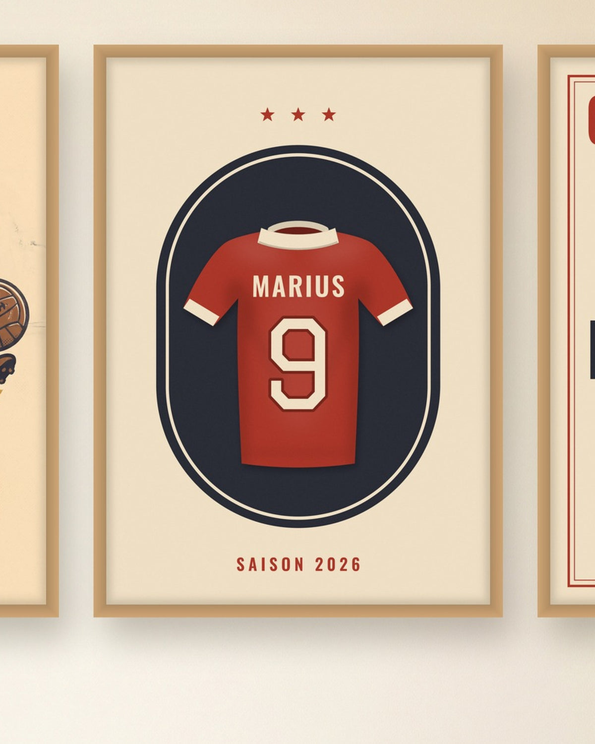 Affiche foot vintage personnalisée, lot de 3 affiches Grand match : le maillot vintage avec le prénom et le numéro