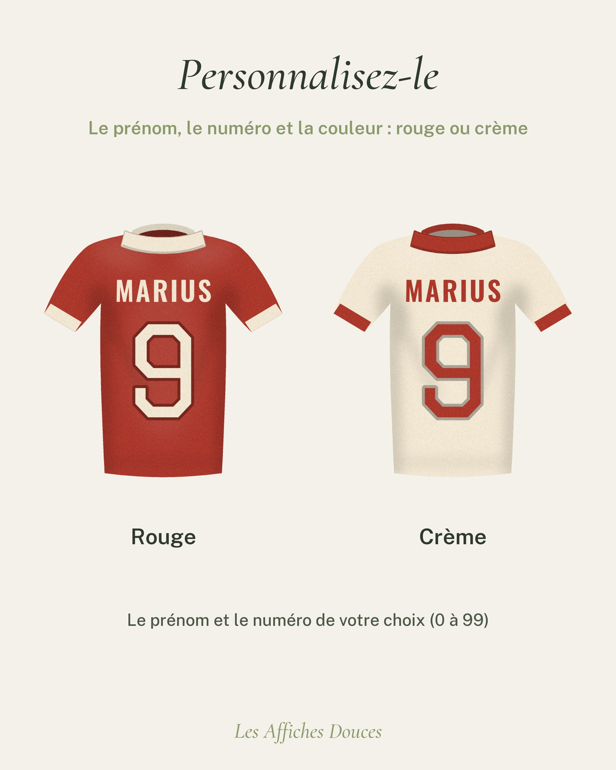 Ce que vous personnalisez : prénom, numéro, couleur du maillot rouge ou crème