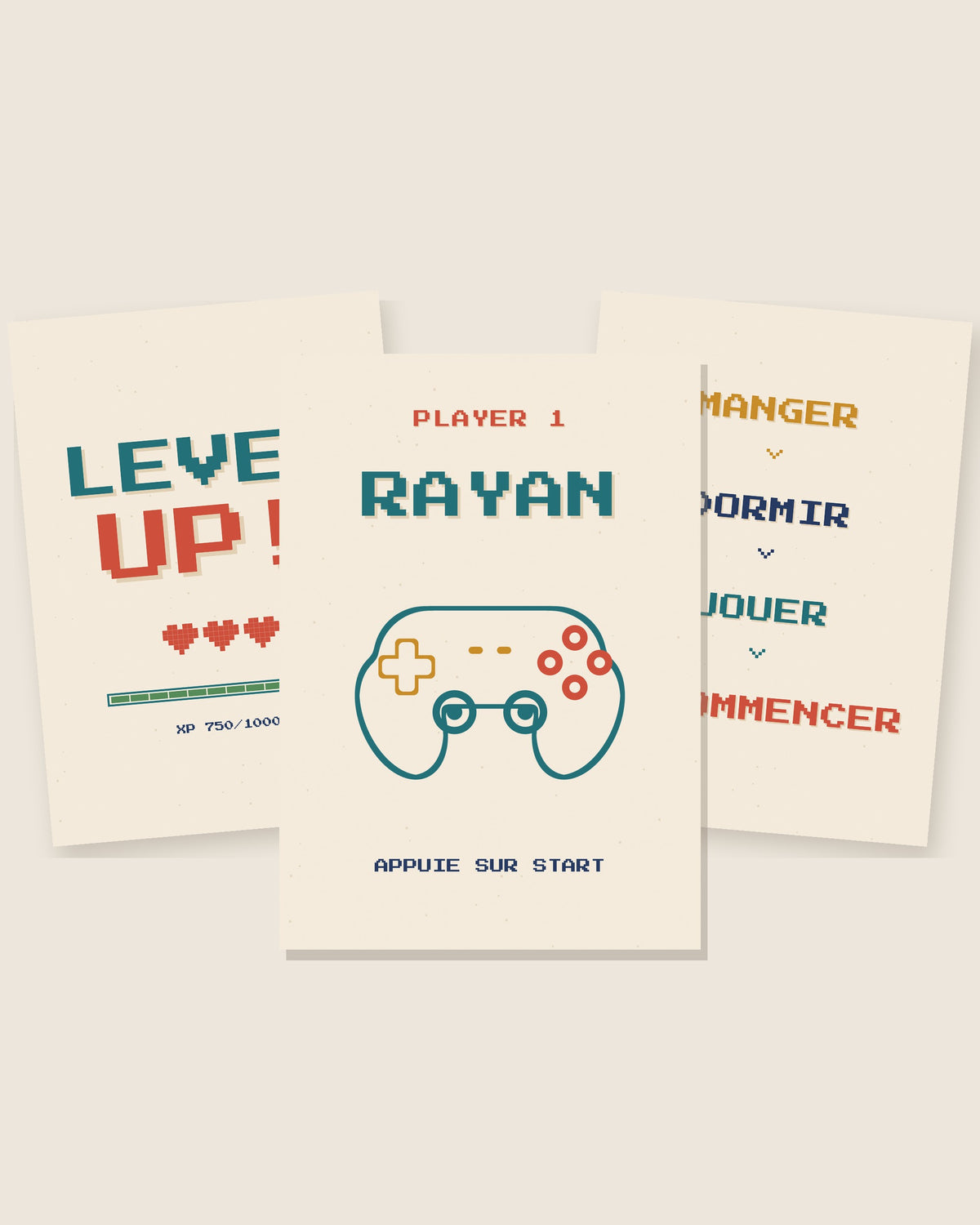 Affiche gamer personnalisée Player 1, lot de 3 affiches néon : les 3 affiches assorties côte à côte