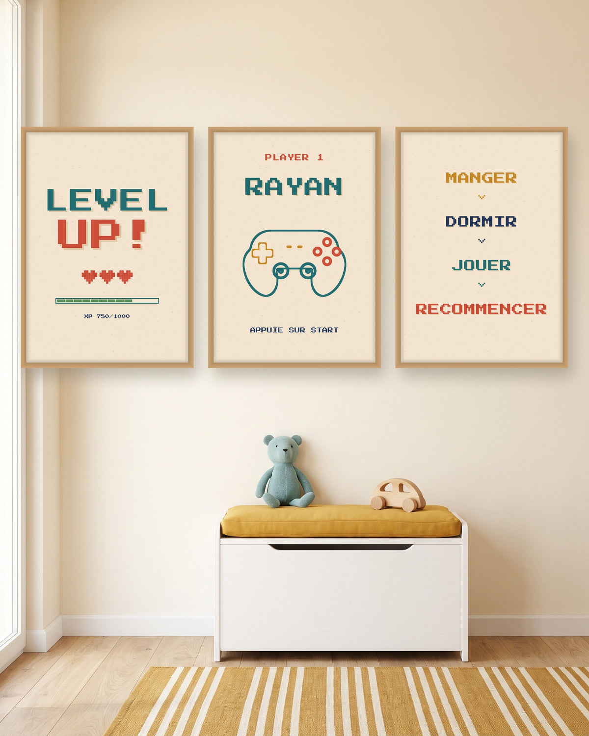 Affiche gamer personnalisée Player 1, lot de 3 affiches néon, autre exemple de mise en situation