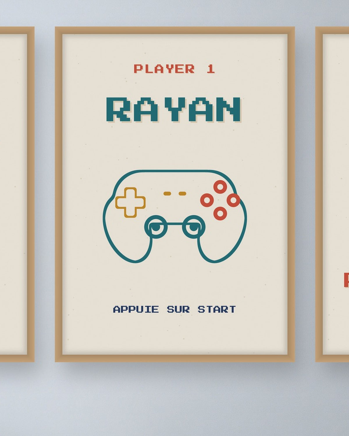 Affiche gamer personnalisée Player 1, lot de 3 affiches néon : la manette néon avec « Player 1 » et le prénom