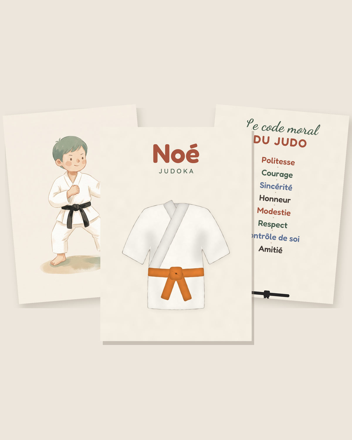 Affiche judo personnalisée kimono, ceinture et prénom : les 3 affiches assorties côte à côte