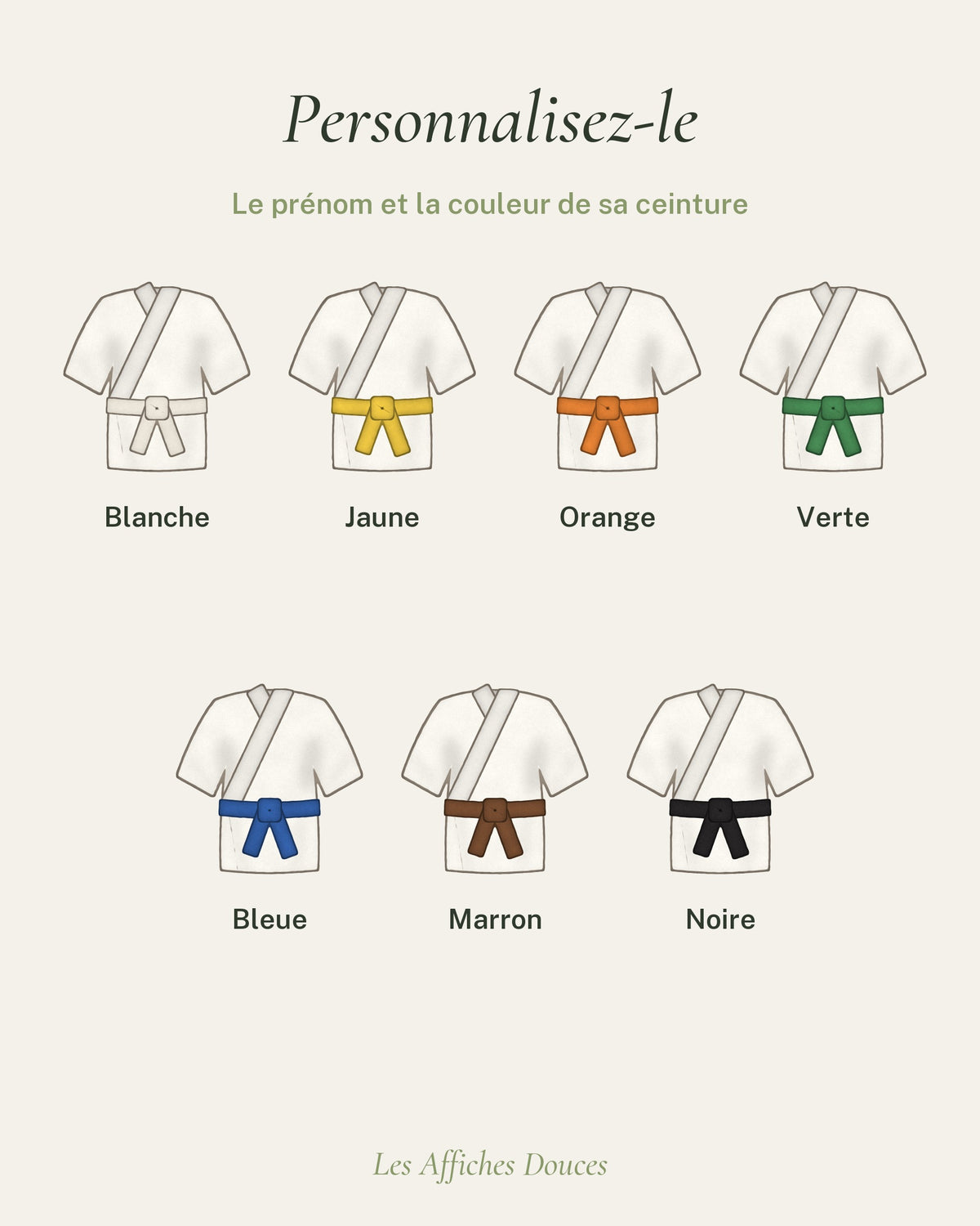 Ce que vous personnalisez : le prénom et la couleur de la ceinture