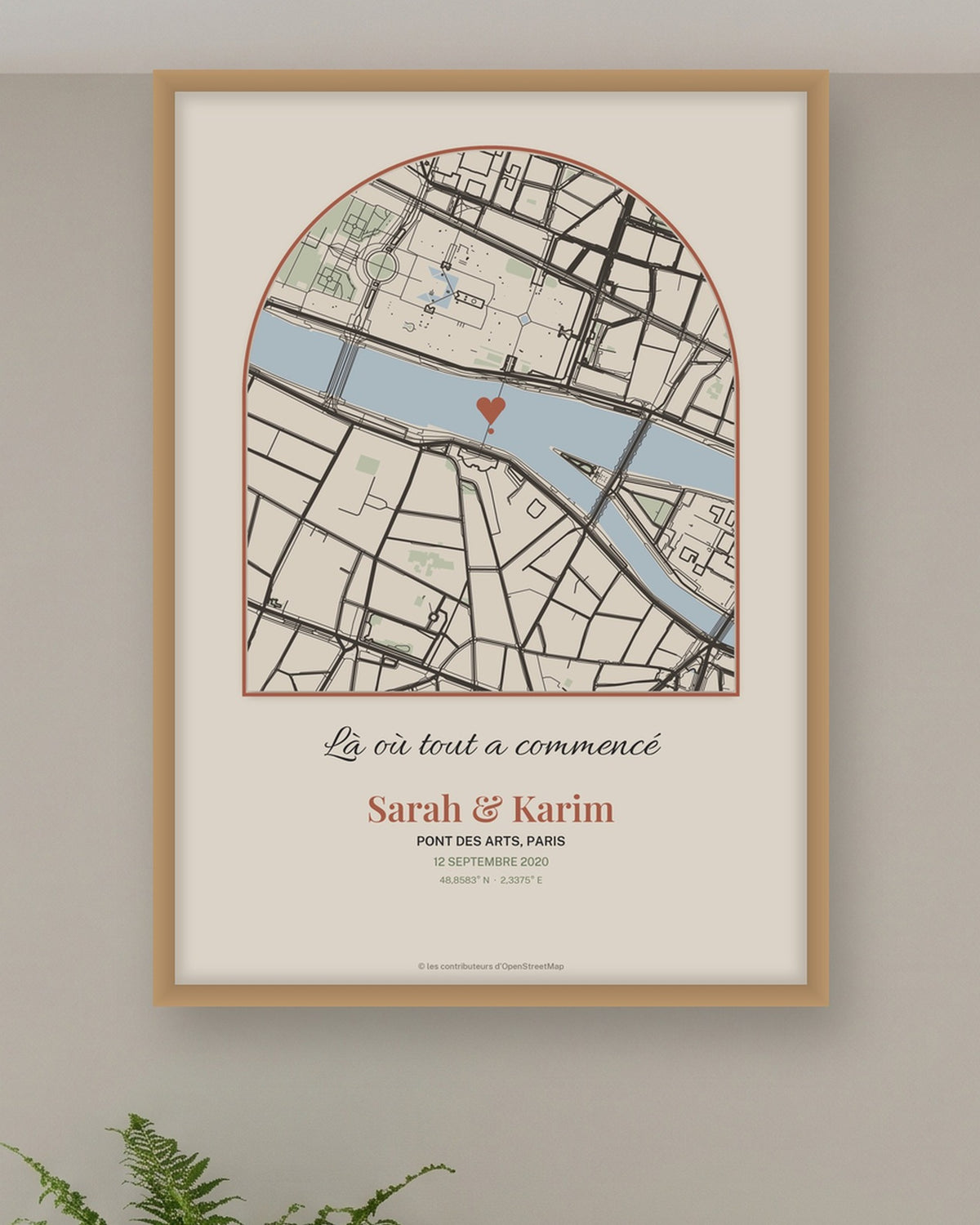 Affiche lieu de rencontre personnalisée, la carte du lieu où tout a commencé : gros plan sur l’affiche encadrée