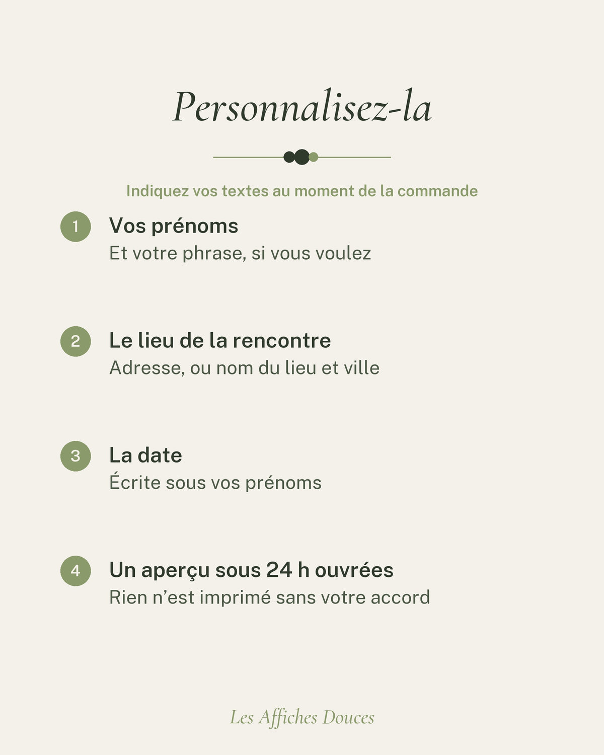 Ce que vous personnalisez : vos prénoms, le lieu de la rencontre et la date