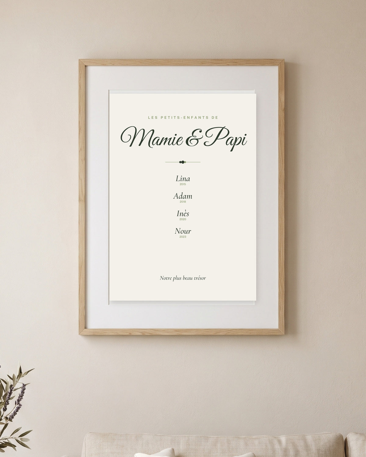 Affiche mamie et papi personnalisée encadrée au mur du salon, exemple personnalisé