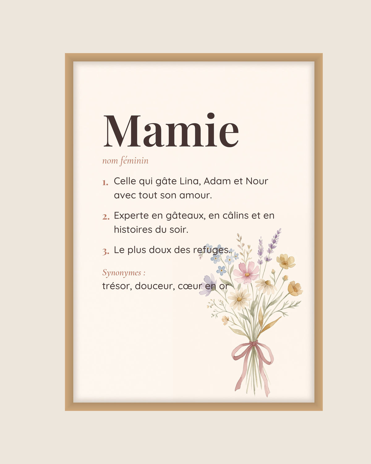 Affiche mamie personnalisée définition fleurs : l’affiche seule, exemple de personnalisation