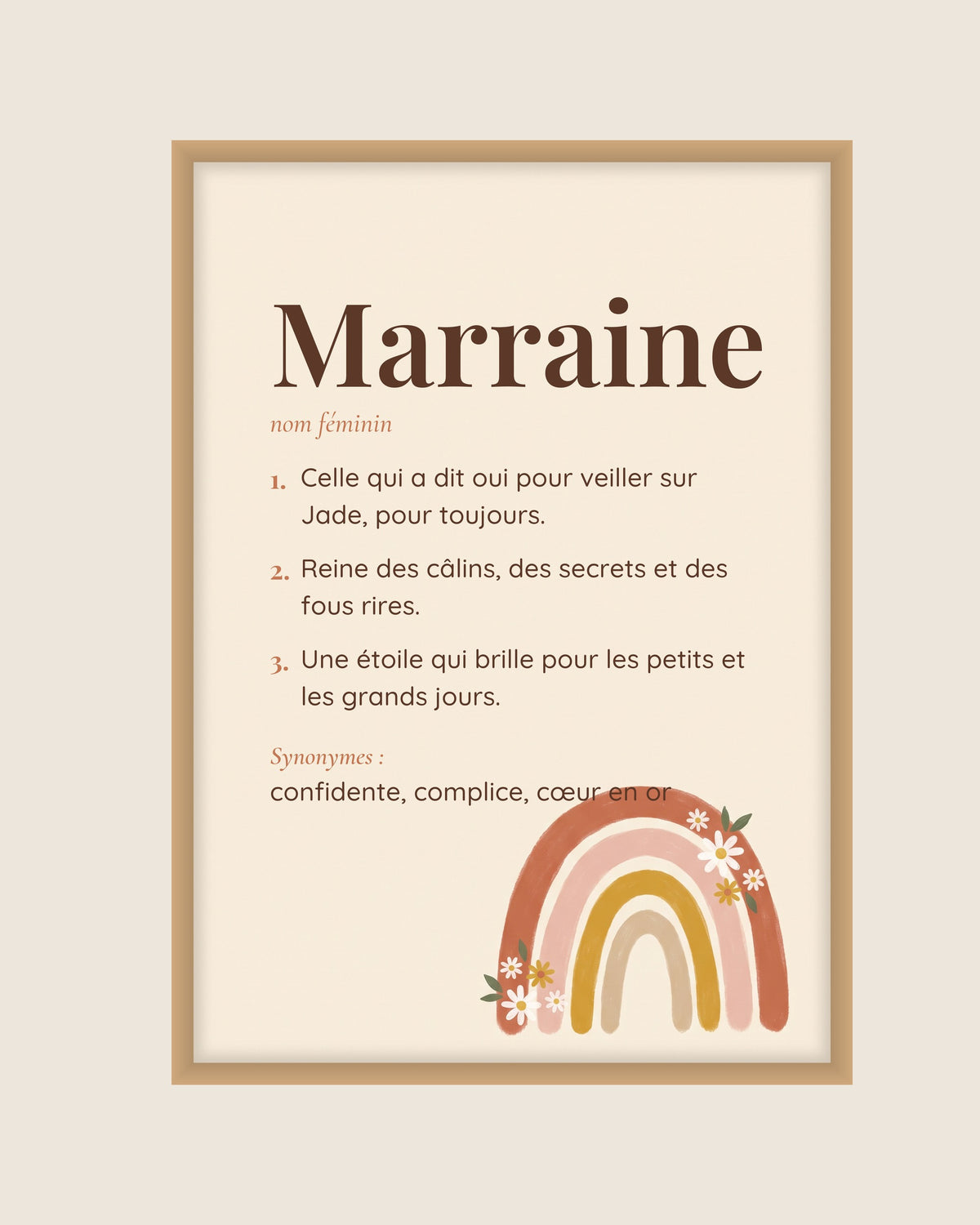 Affiche marraine personnalisée bohème arc-en-ciel : l’affiche seule, exemple de personnalisation