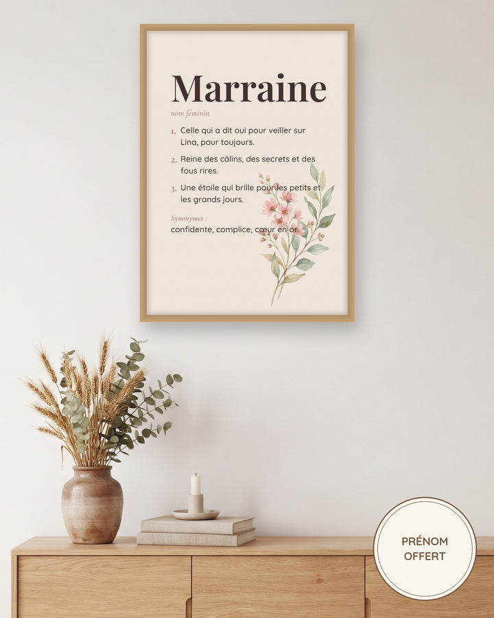 Affiche marraine personnalisée fleurs aquarelle encadrée au mur du salon, exemple personnalisé