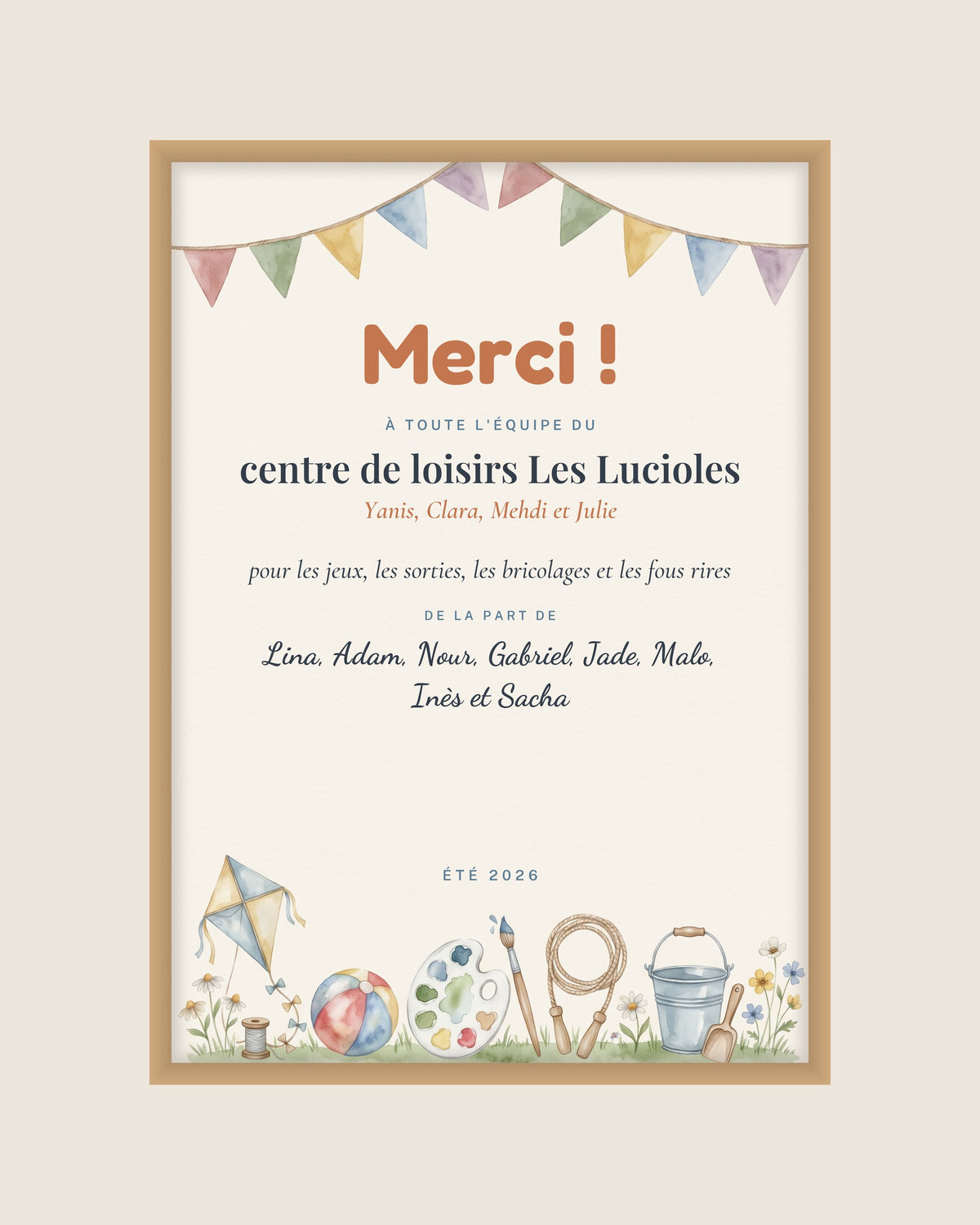 Affiche merci centre de loisirs personnalisée, cadeau animateurs : l’affiche seule, exemple personnalisé