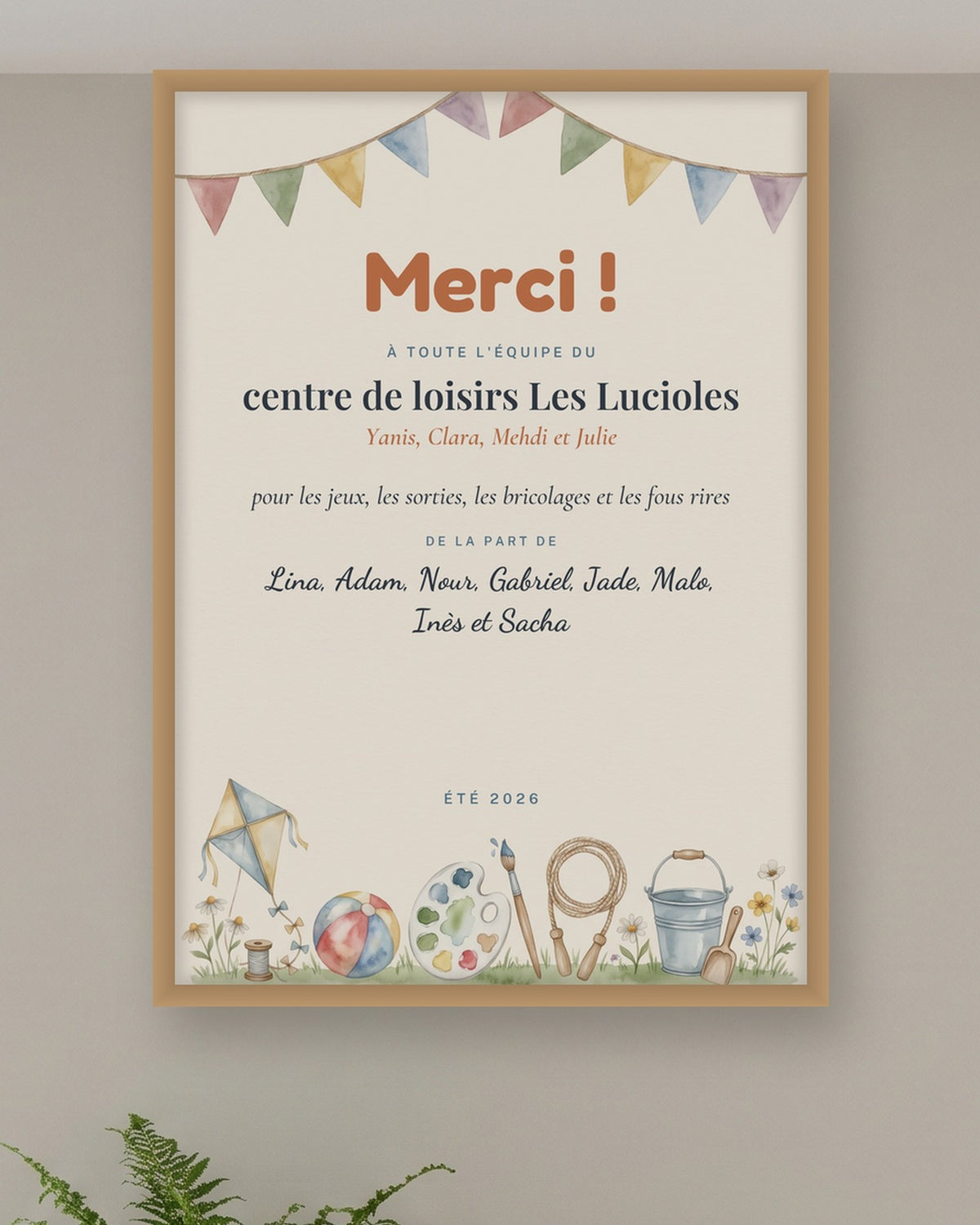 Affiche merci centre de loisirs personnalisée, cadeau animateurs : gros plan sur l’affiche encadrée